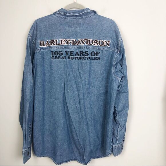 HARLEY DAVIDSON | 105 Year Anniversary Denim Button Down Shirt Men’s Size Large - Picture 1 of 7